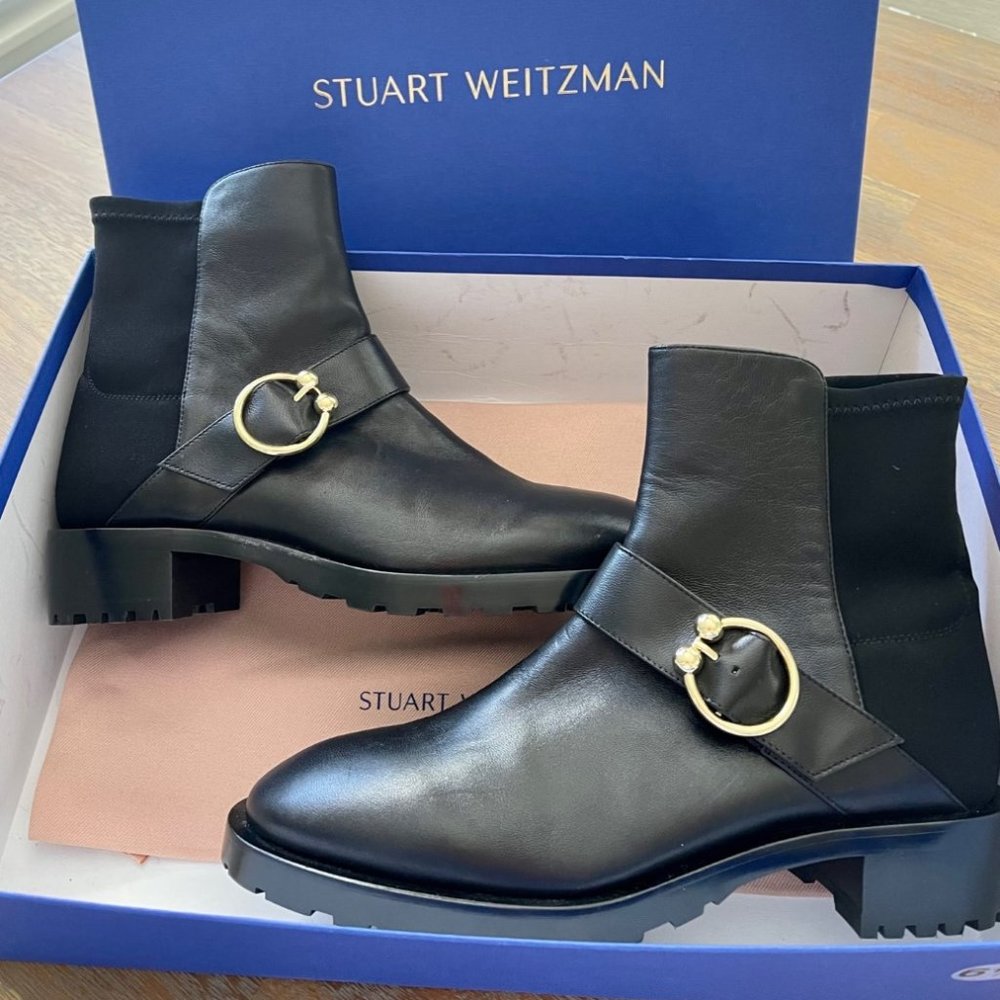 NIB STUART WEITZMAN BOOTS $650 Luxering Black Stretch Leather Bootie Size 8.5